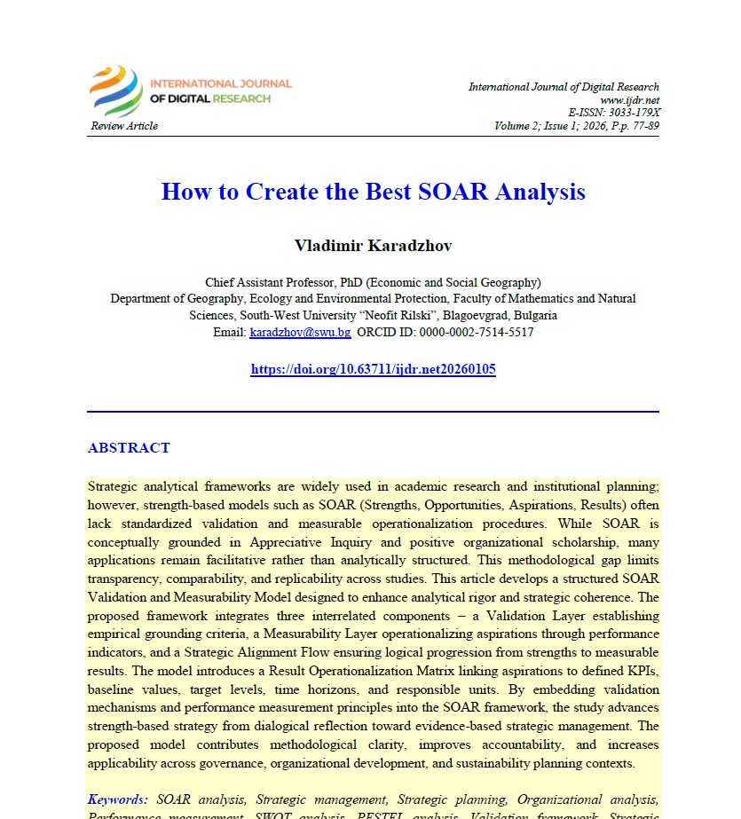IJDR announces a new study introducing a structured SOAR Validation and Measurability Model for evidence-based strategic planning.